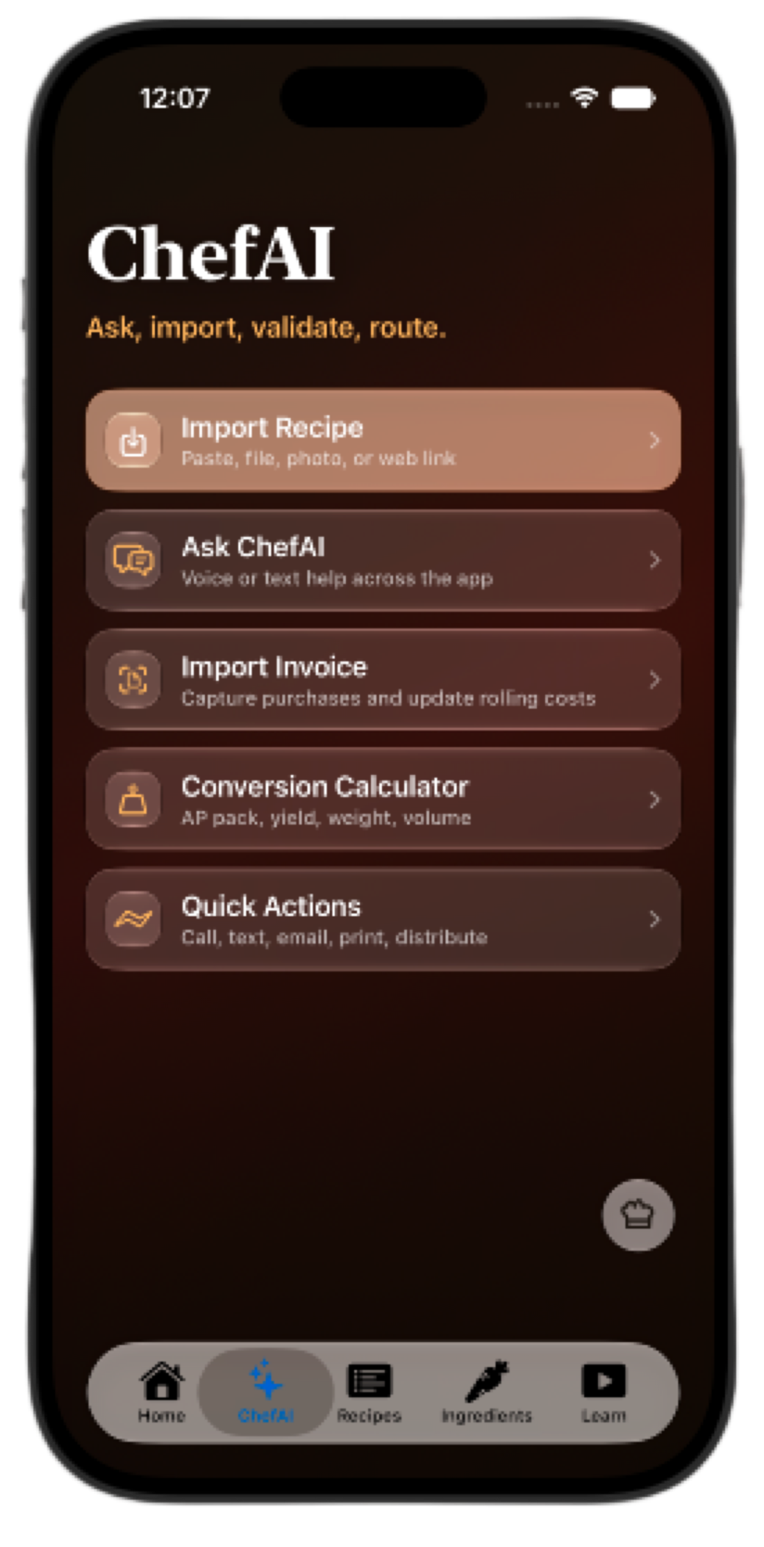 ChefAI hub screen
