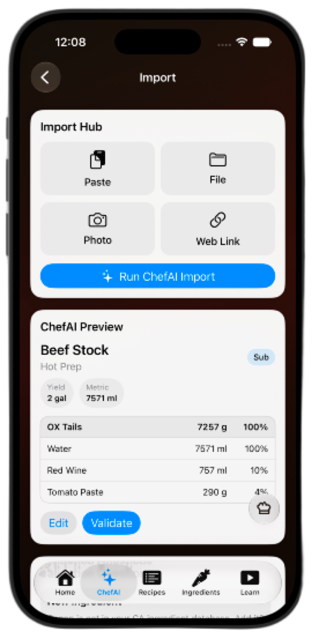 Import screen with Beef Stock formula