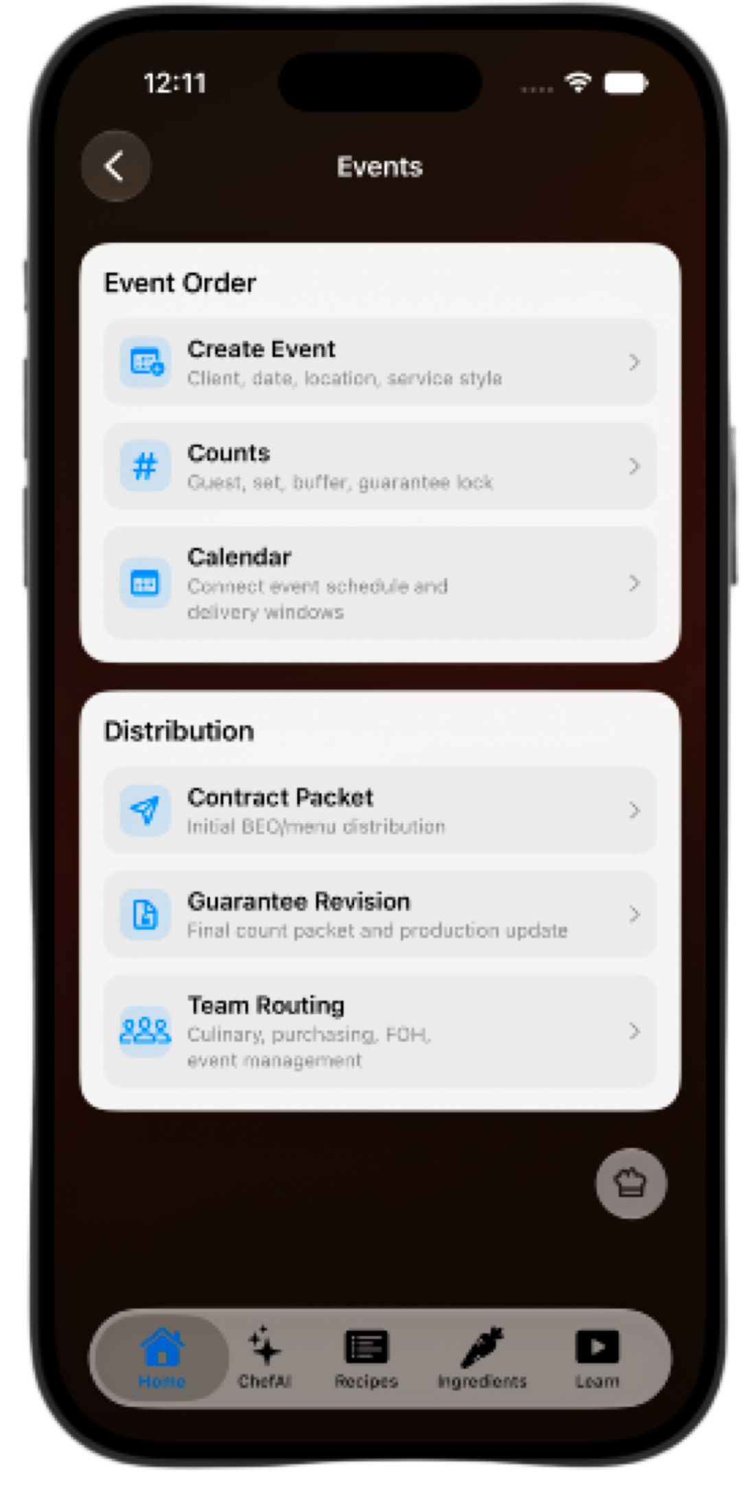 Events screen